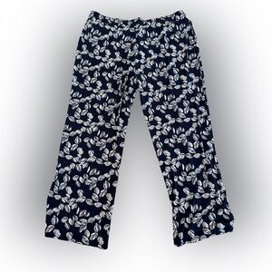 Magnolia Grace Navy Blue Leaf Print Wide Leg Stretch Drawstring Pants Size XXL